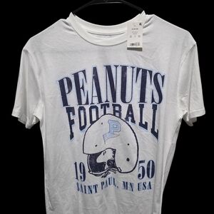 Peanuts White Tee with Navy & Light Blue Football Graphic